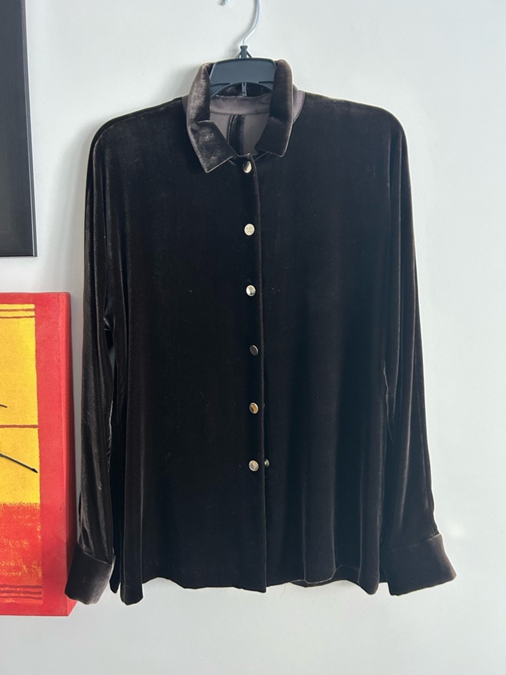 Source Unknown Velvet Button-Up Blouse in Dark Brown with Gold buttons